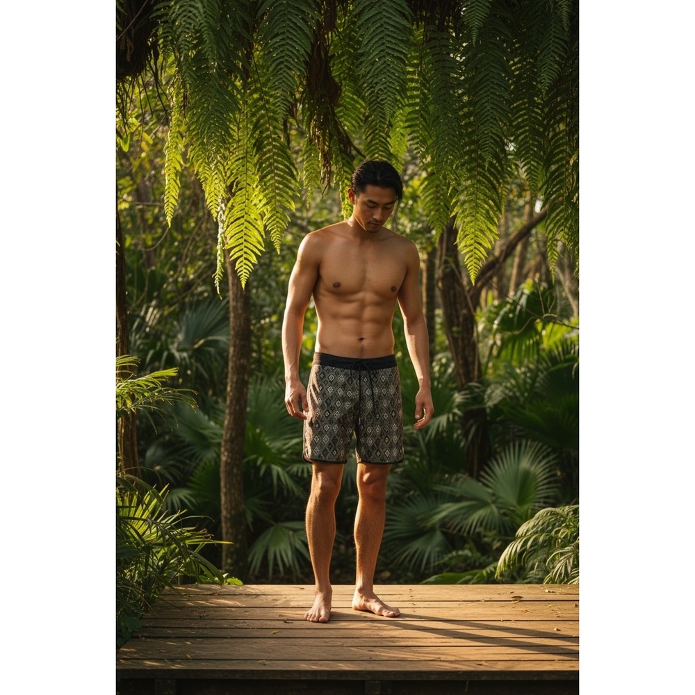 Volcom Mod-Tech Mens Board Shorts 32 Olive Green Black Geometric Tribal Print